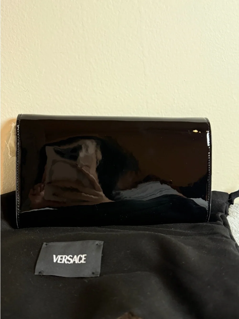 Versace Black Patent Leather Clutch on chain with Gold Medusa Button